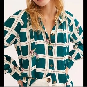 Free People Window To My Heart Button Down Green & Ivory Shirt W/Flowers; Sz M